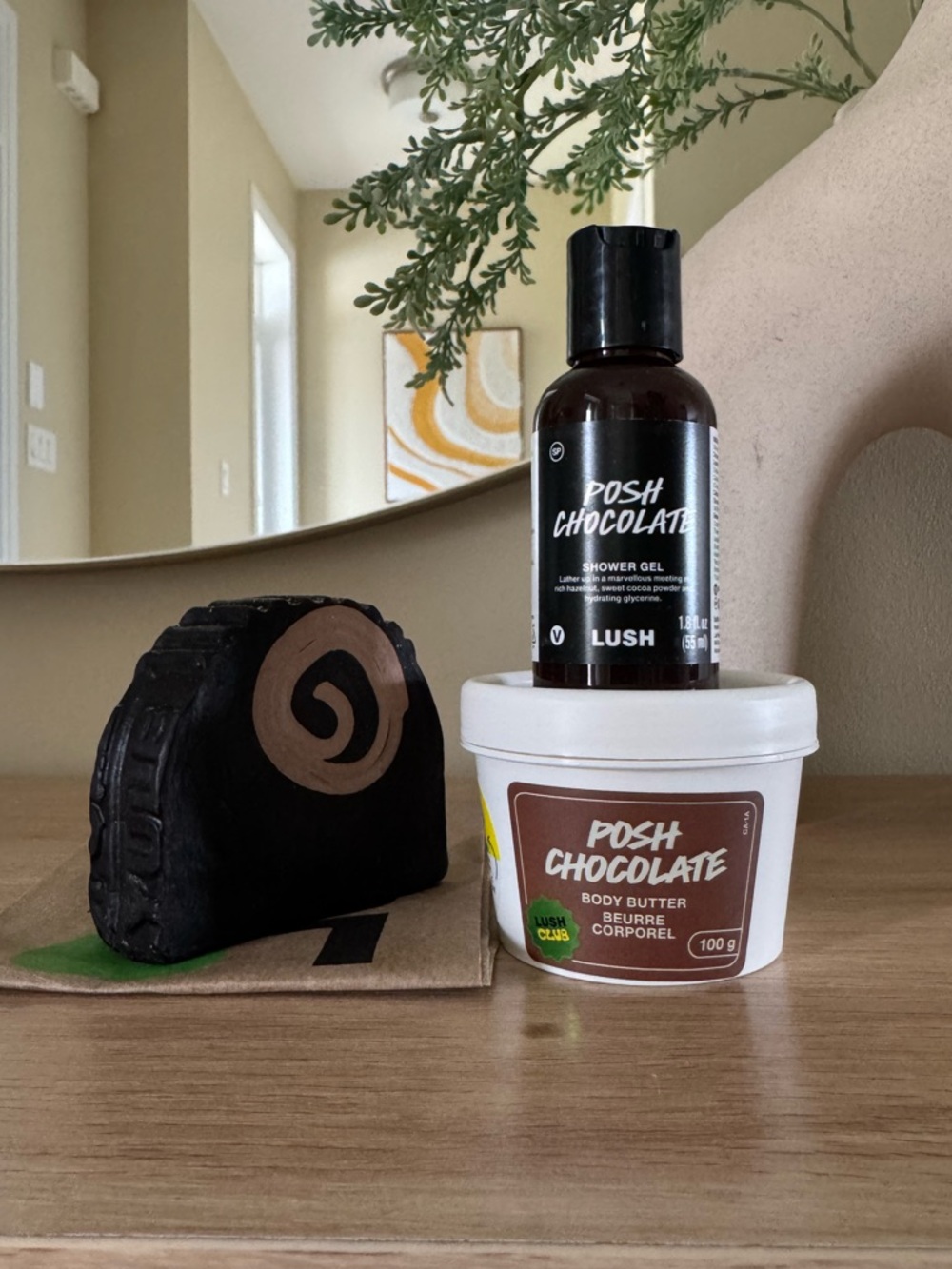 Lush Yule log soap, Posh Chocolate shower gel & Posh Chocolate body butter